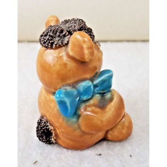 Hand made Painted Ceramic Brown Bear With‎ Blue Bow initialed JN brown fur - Picture 2 of 10